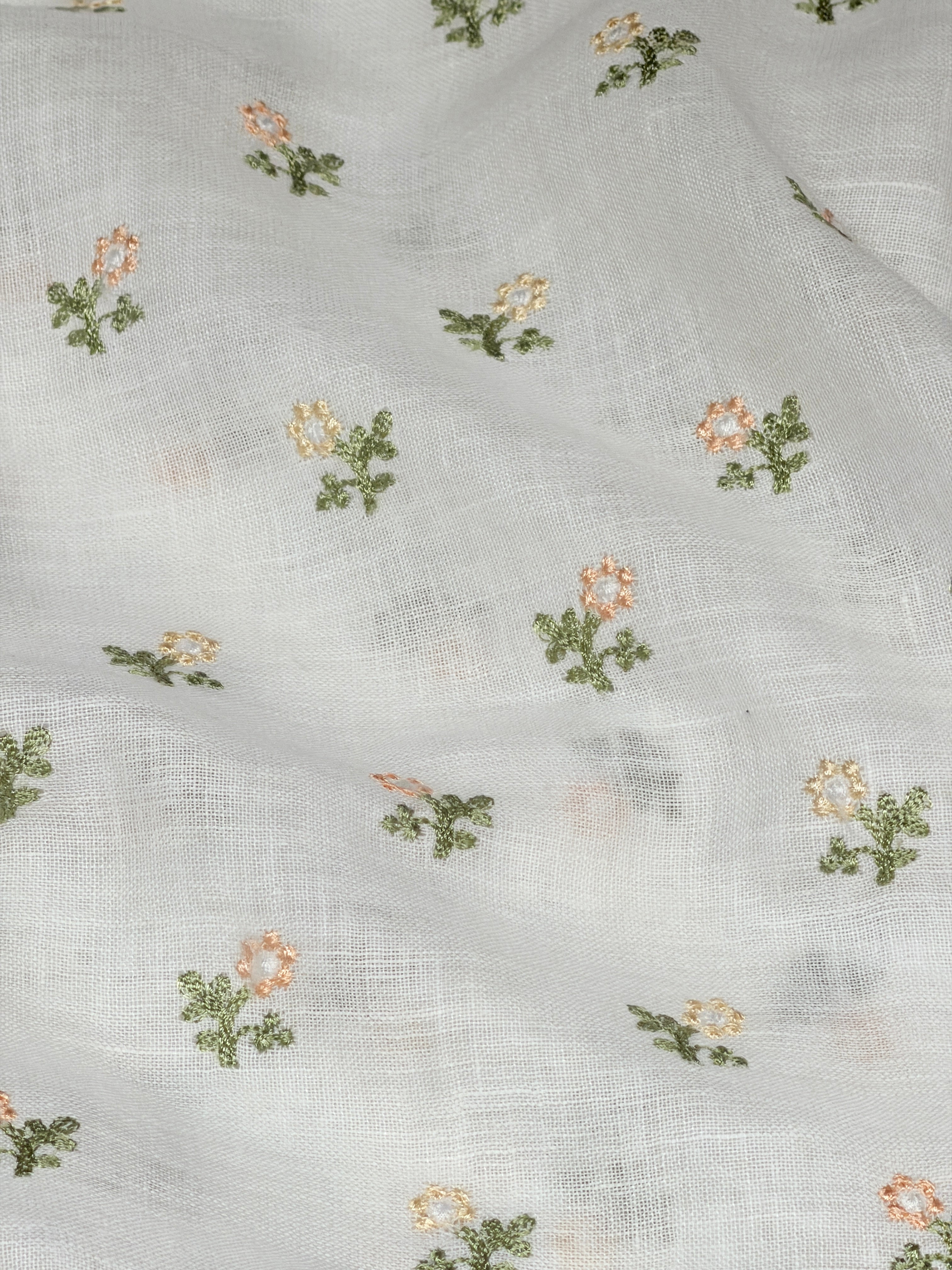 White Linen Fabric With Flower Embroidery
