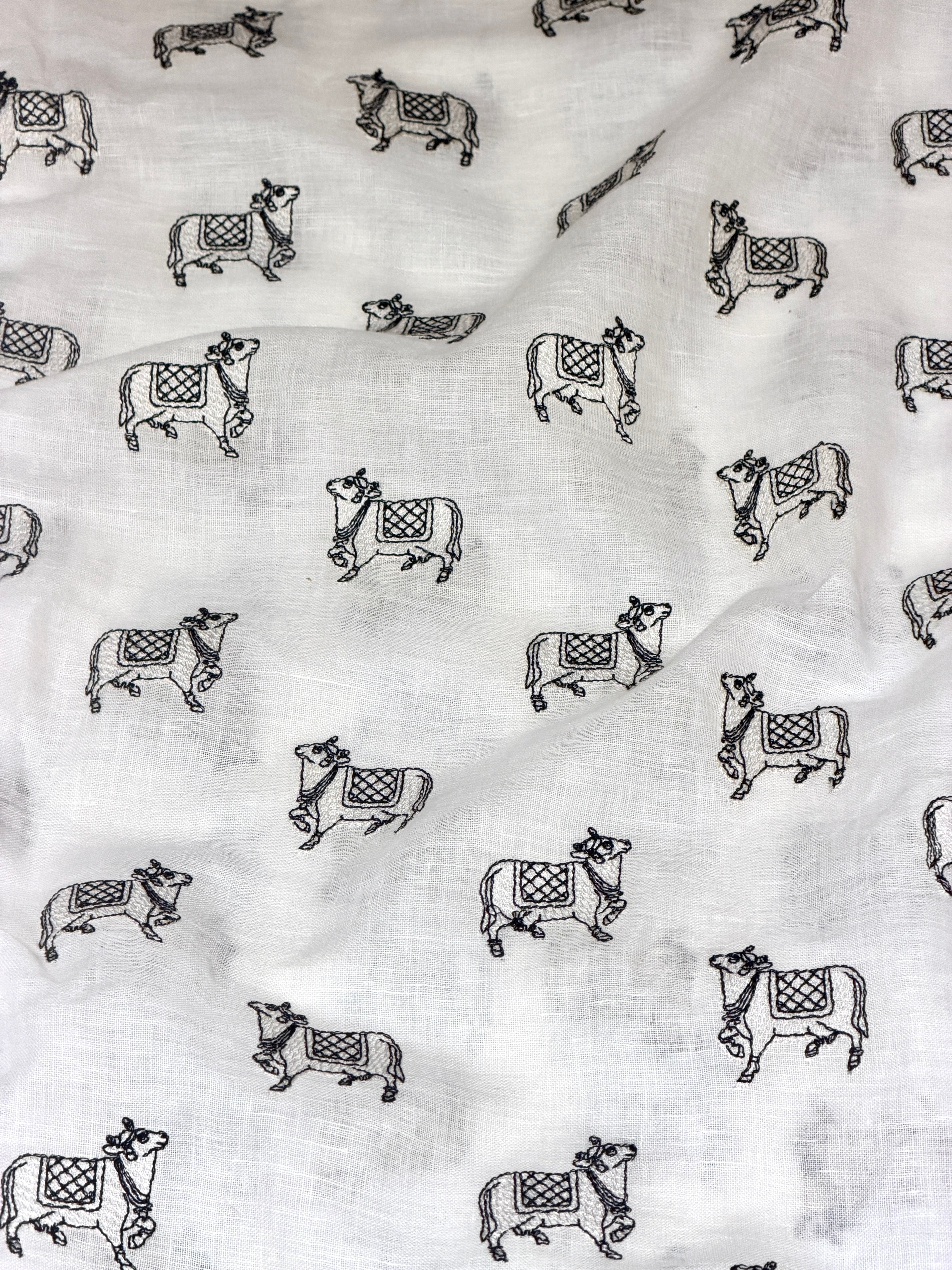 White Linen Fabric  With Nandi Motif Embroidery