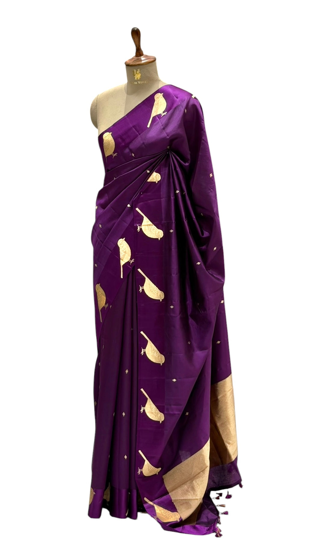 Purple Pure Banrasi Soft Silk Saree With Bird Motifs