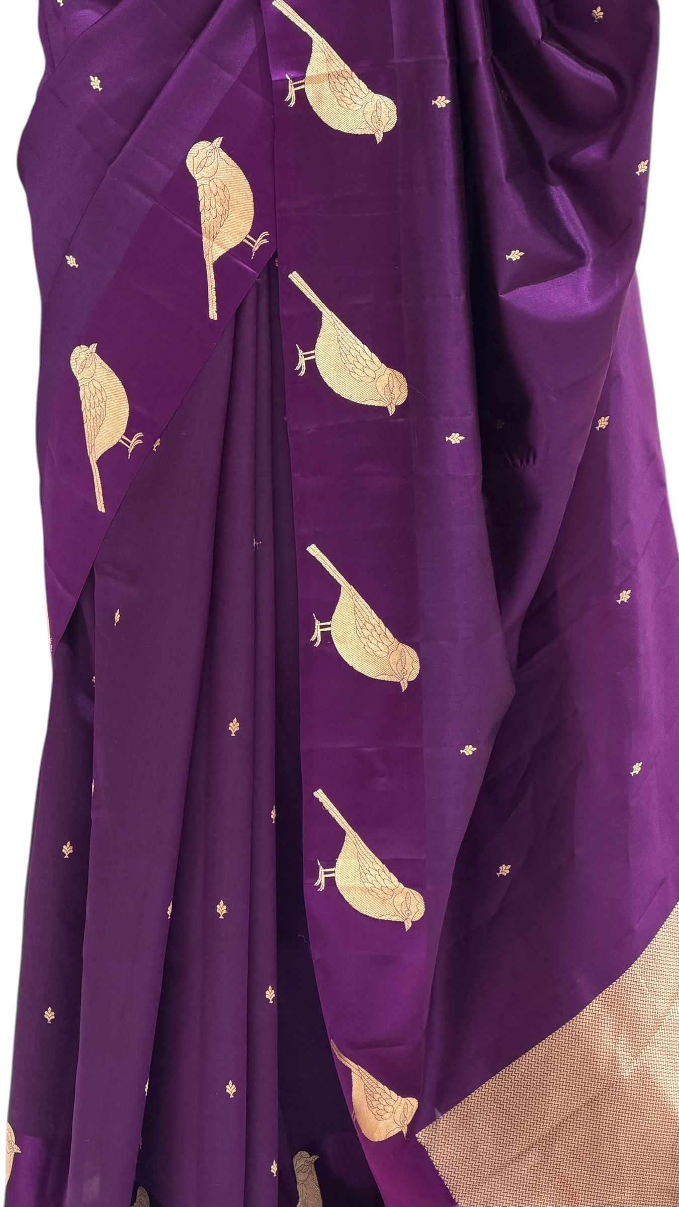 Purple Pure Banrasi Soft Silk Saree With Bird Motifs