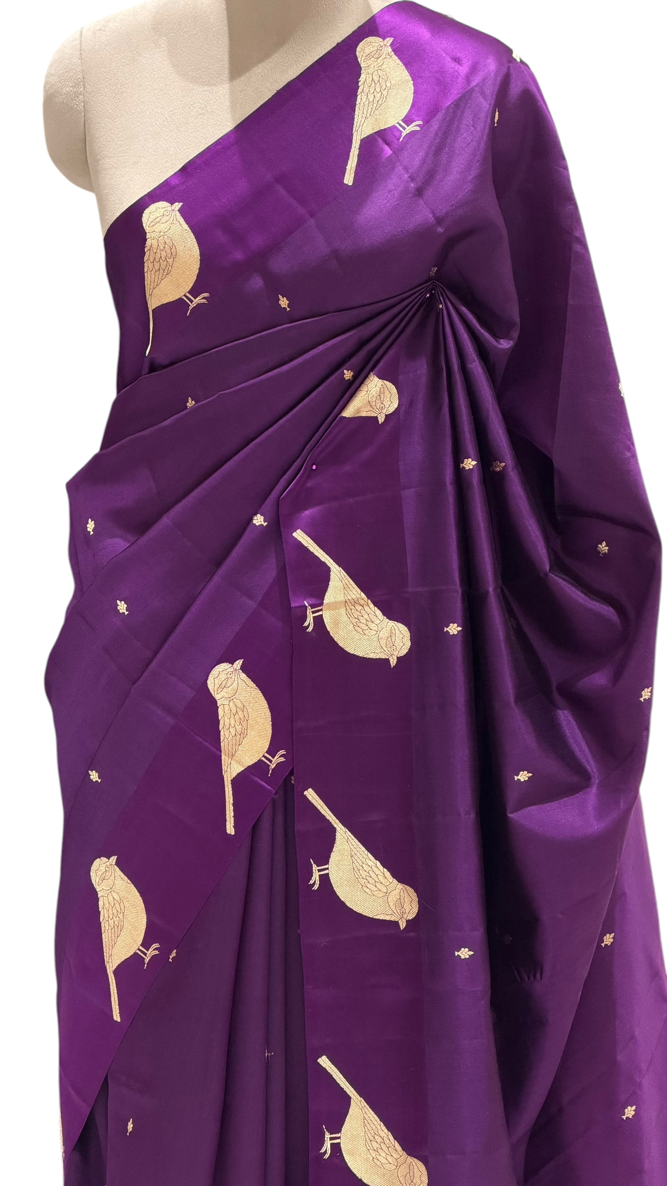 Purple Pure Banrasi Soft Silk Saree With Bird Motifs