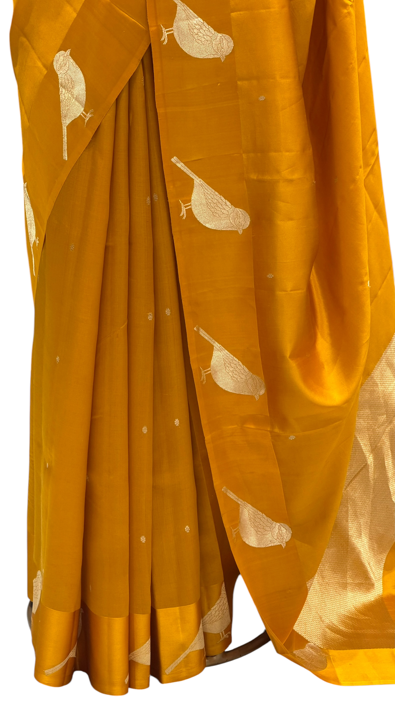Mustard Yellow Pure Banarasi Soft Silk Saree With Bird Motifs