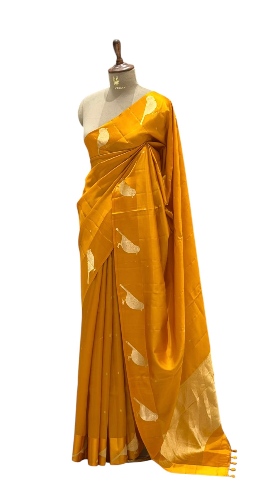 Mustard Yellow Pure Banarasi Soft Silk Saree With Bird Motifs