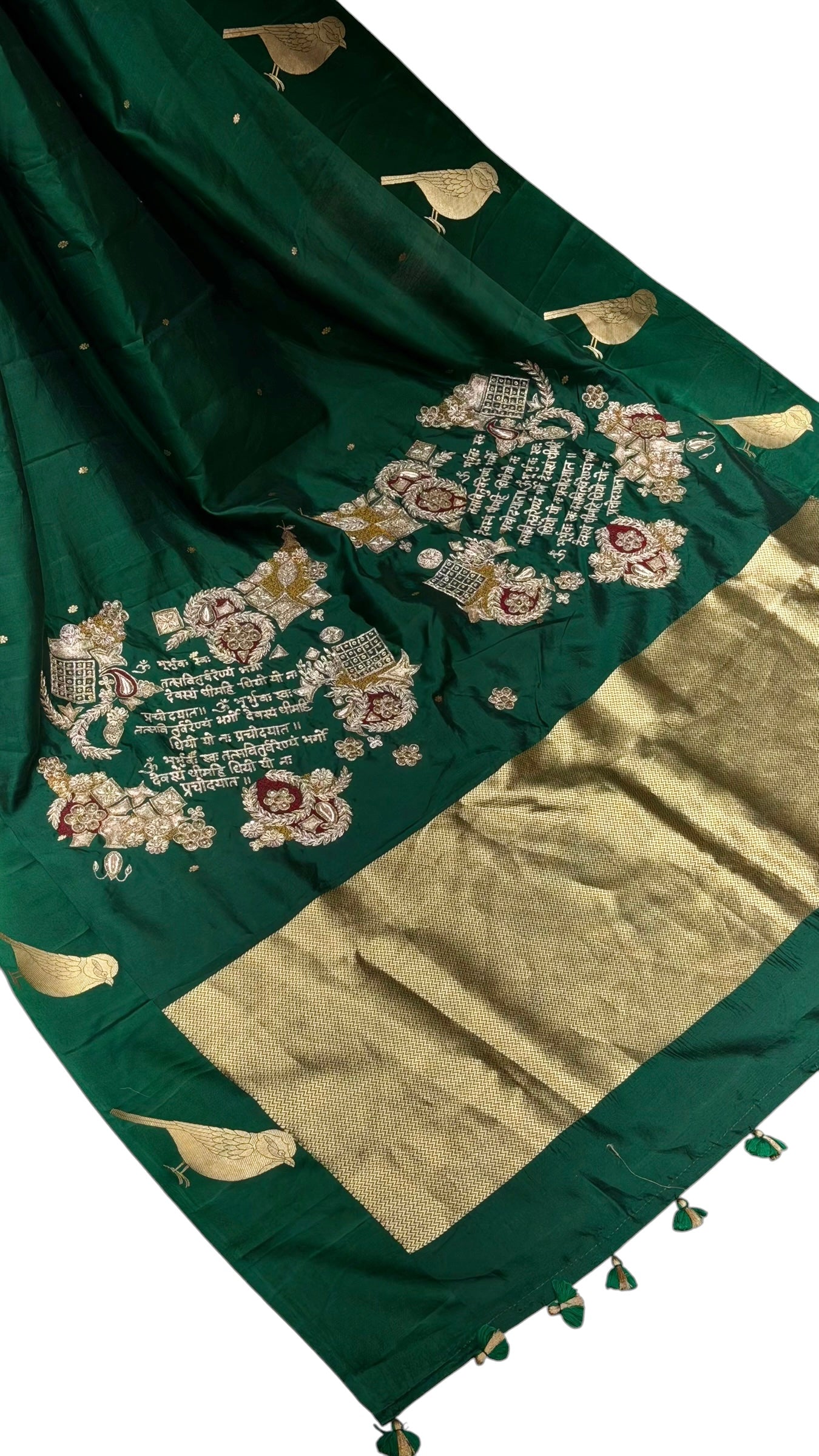 Gayatri Mantra Embellished Handwoven Emerald Green Banarasi Soft Silk Saree With Bird Motifs