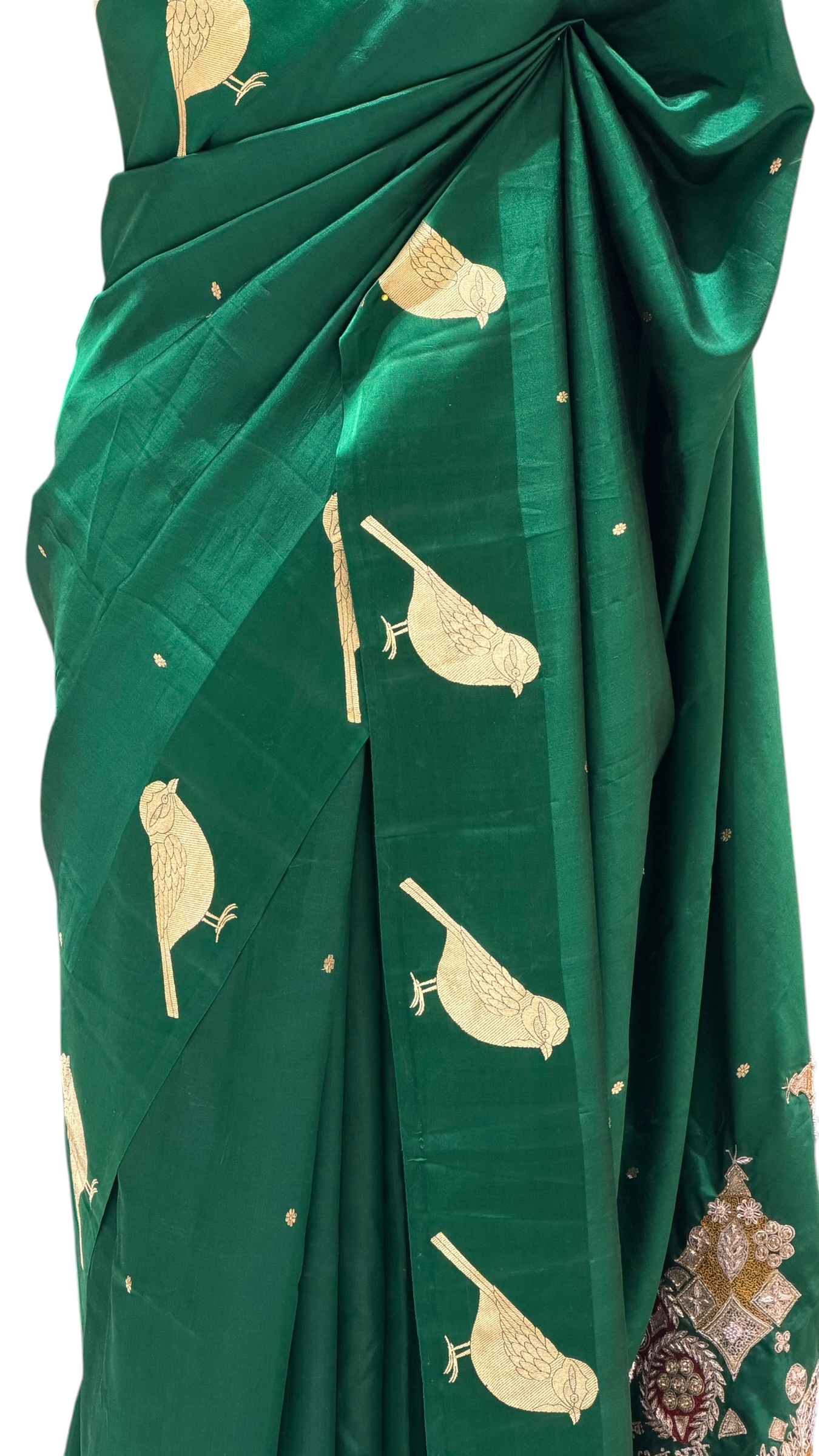 Gayatri Mantra Embellished Handwoven Emerald Green Banarasi Soft Silk Saree With Bird Motifs