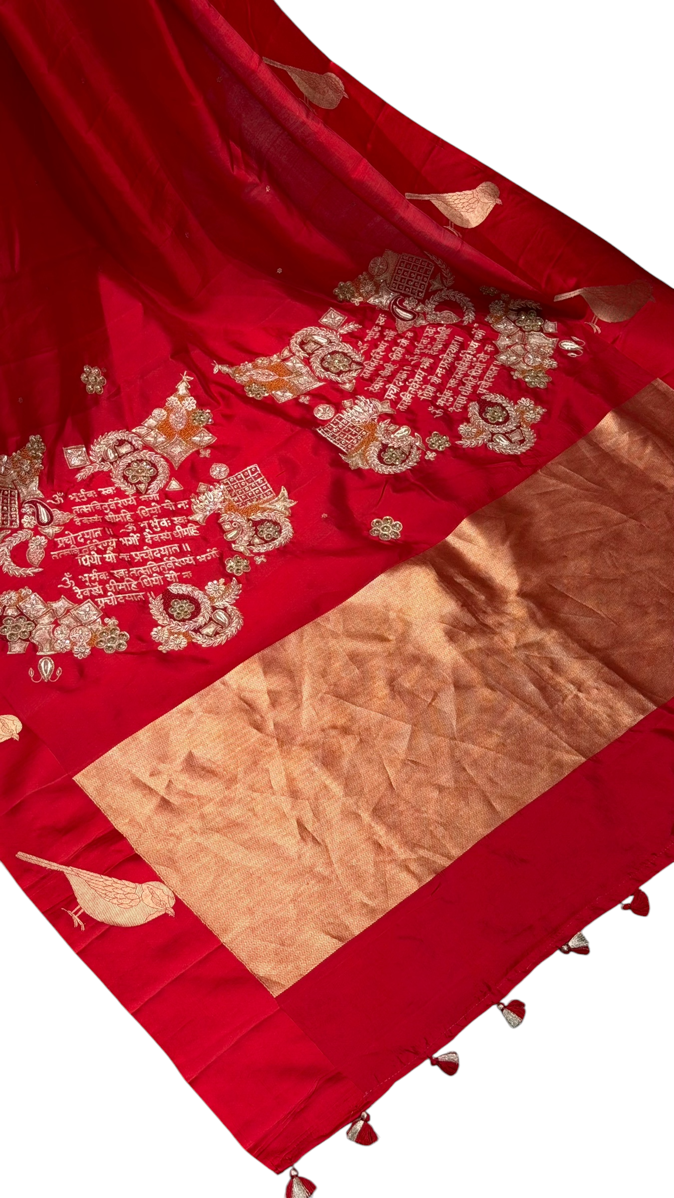 Nita Ambani Inspired Gayatri Mantra Embellished Handwoven Red Banarasi Soft Silk Saree With Bird Motifs