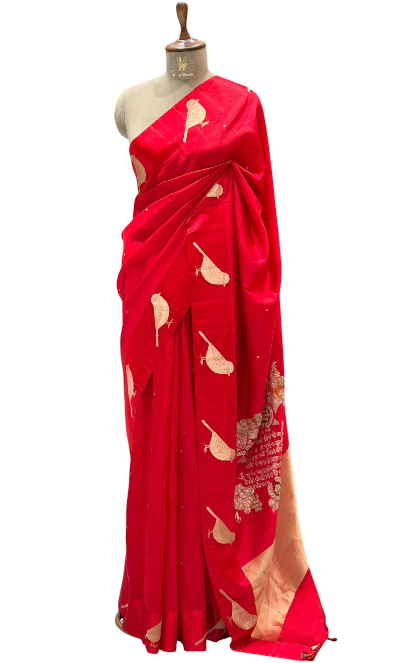 Nita Ambani Inspired Gayatri Mantra Embellished Handwoven Red Banarasi Soft Silk Saree With Bird Motifs