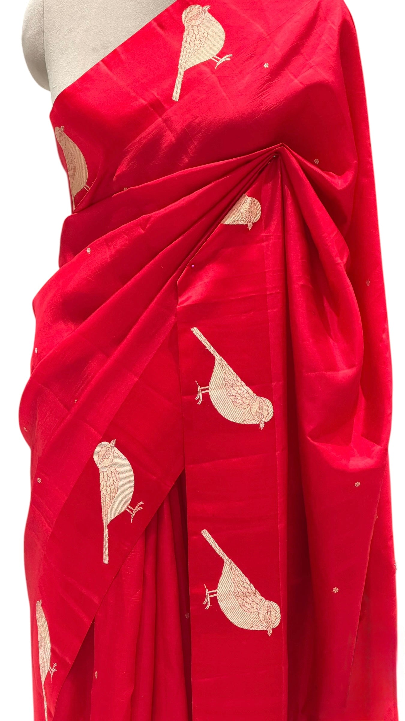 Red Pure Banrasi Soft Silk Saree With Bird Motifs