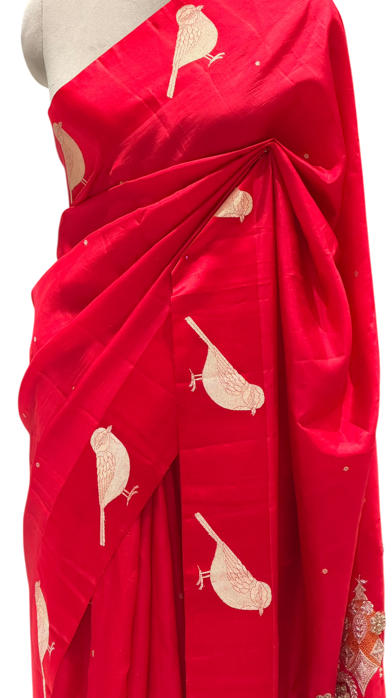 Nita Ambani Inspired Gayatri Mantra Embellished Handwoven Red Banarasi Soft Silk Saree With Bird Motifs