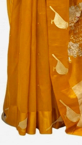 Gayatri Mantra Embellished Handwoven Golden Yellow Banarasi Soft Silk Saree With Bird Motifs