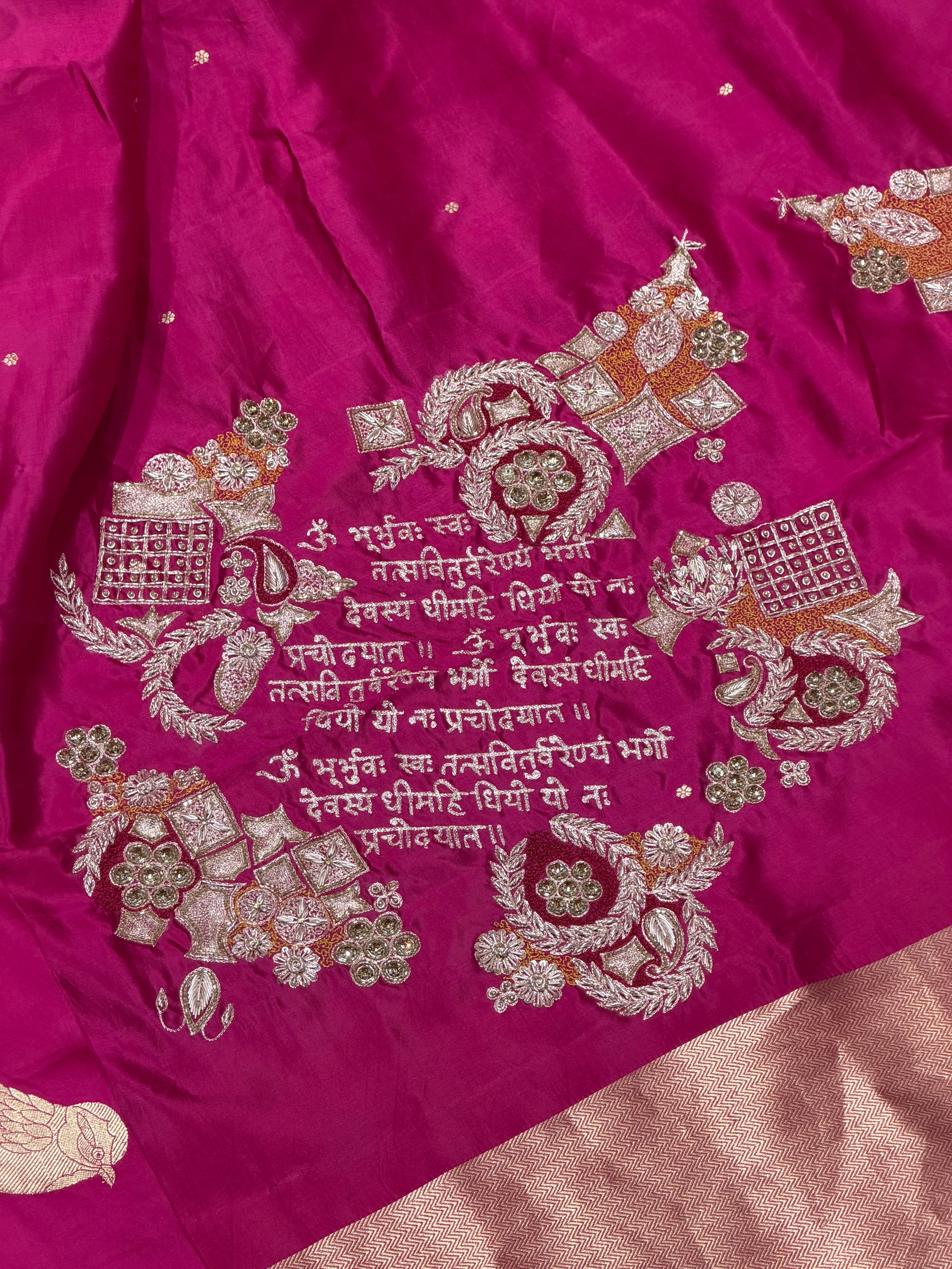 Gayatri Mantra Embellished Handwoven Bright Pink Banarasi Soft Silk Saree With Bird Motifs