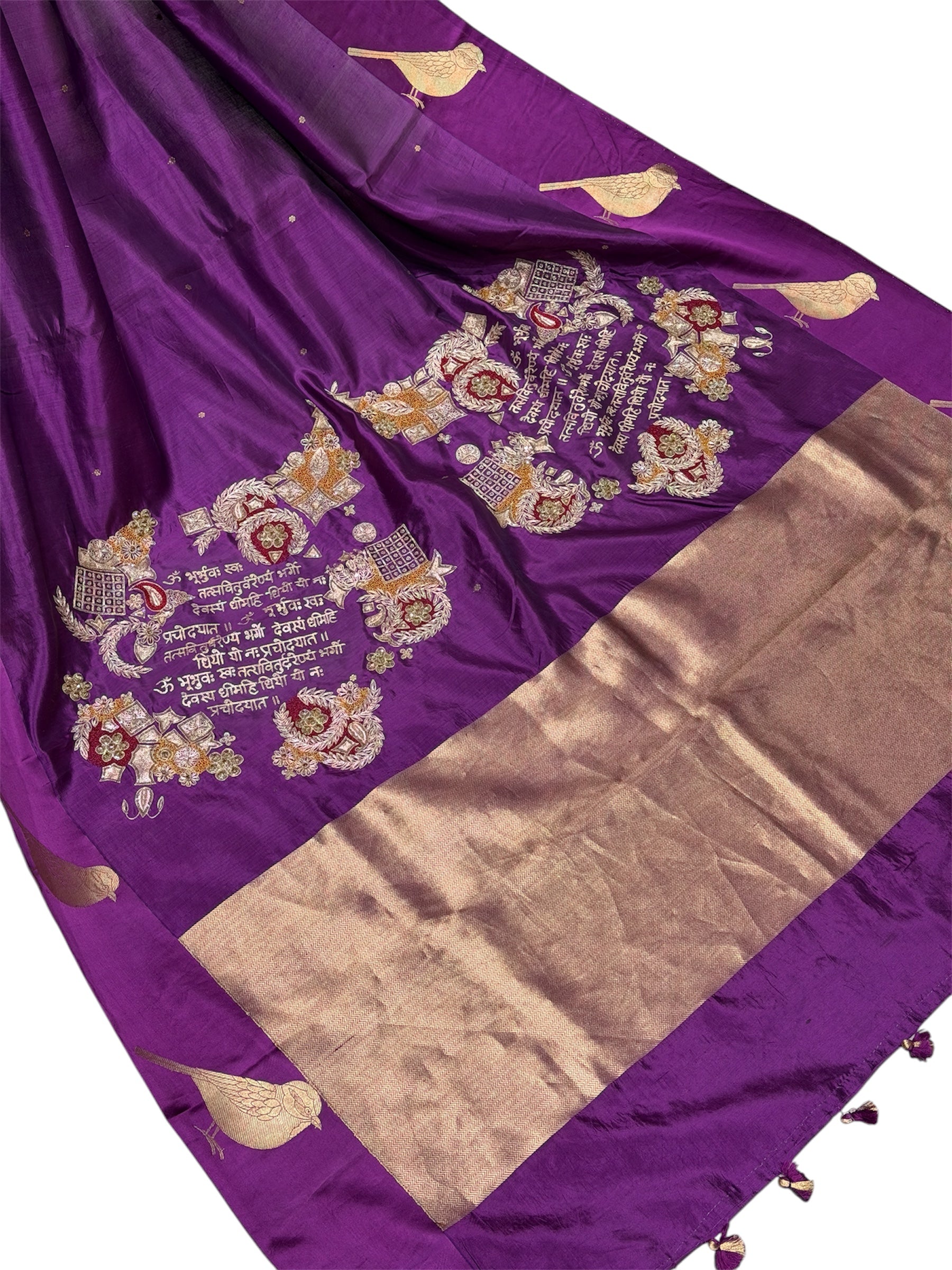 Gayatri Mantra Embellished Handwoven Purple Banarasi Soft Silk Saree With Bird Motifs