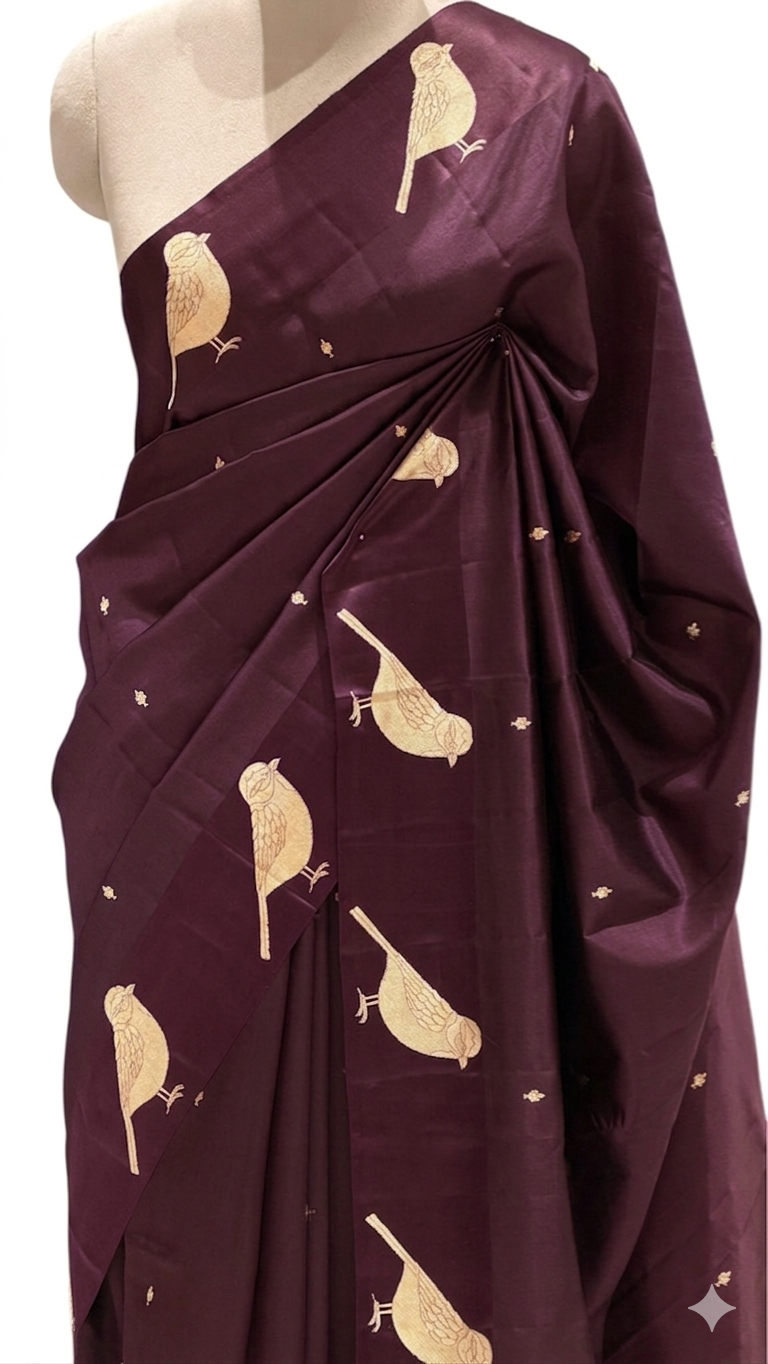 Deep Brown Pure Banrasi Soft Silk Saree With Bird Motifs