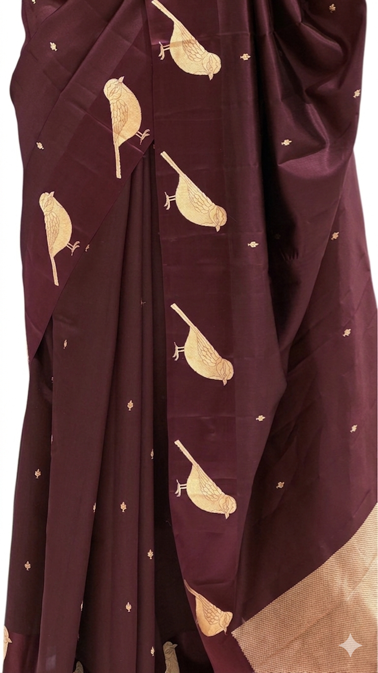 Deep Brown Pure Banrasi Soft Silk Saree With Bird Motifs