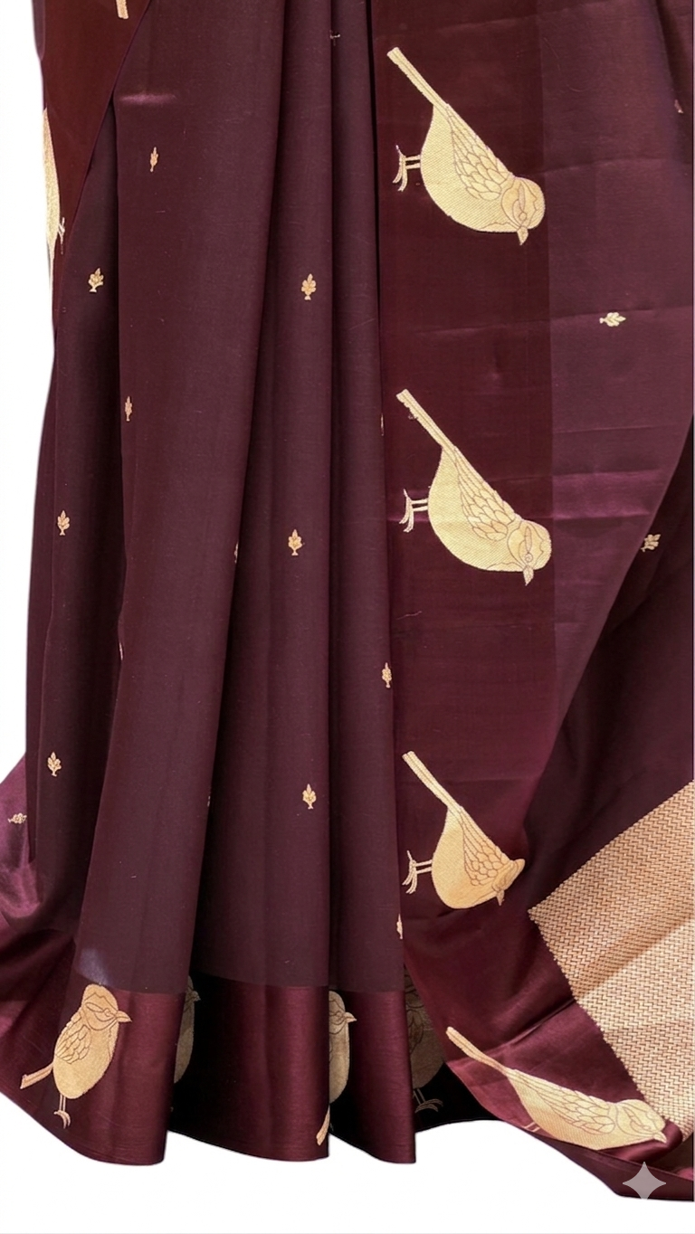 Deep Brown Pure Banrasi Soft Silk Saree With Bird Motifs