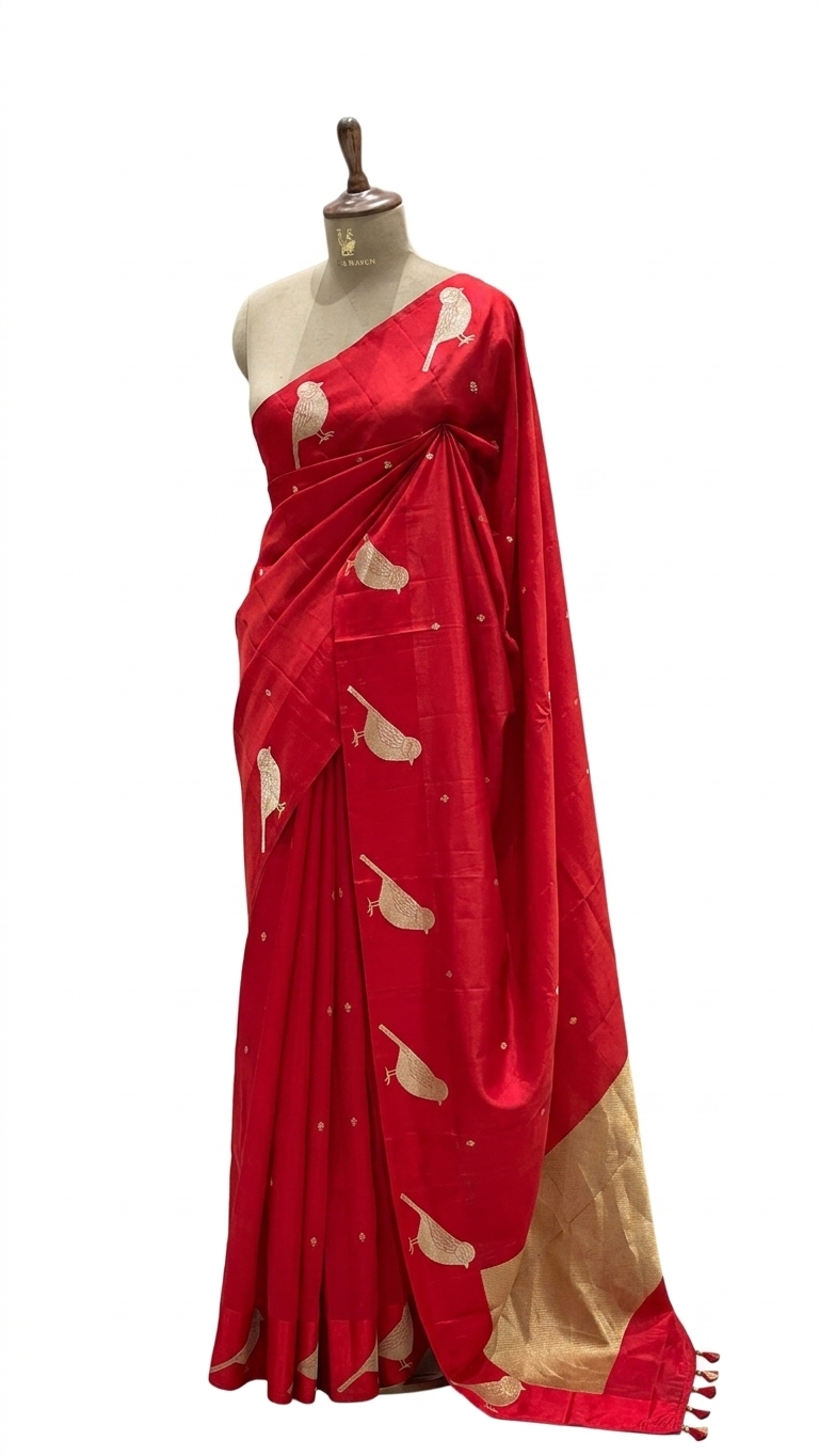 Red Pure Banrasi Soft Silk Saree With Bird Motifs