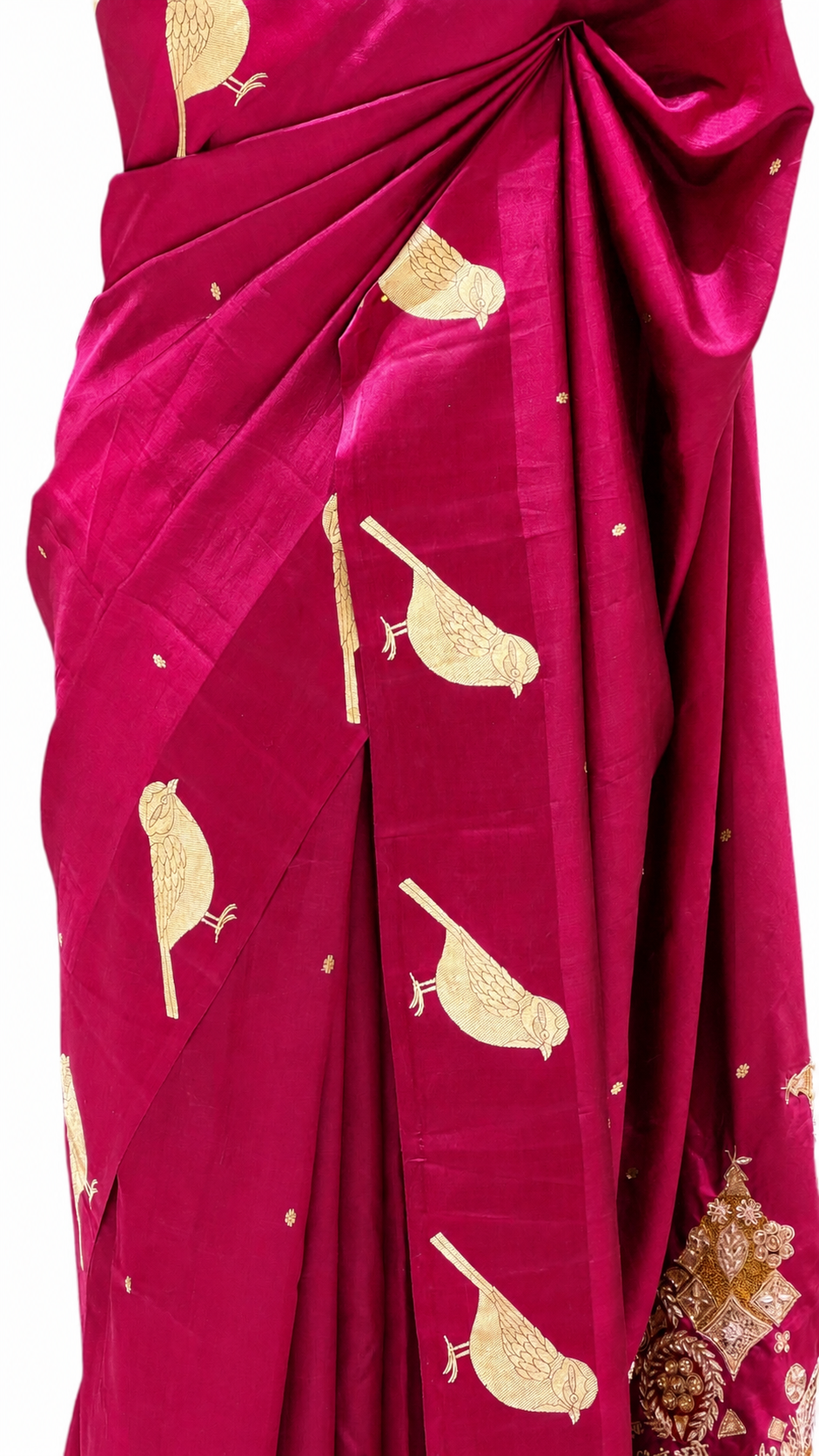 Gayatri Mantra Embellished Handwoven Bright Pink Banarasi Soft Silk Saree With Bird Motifs