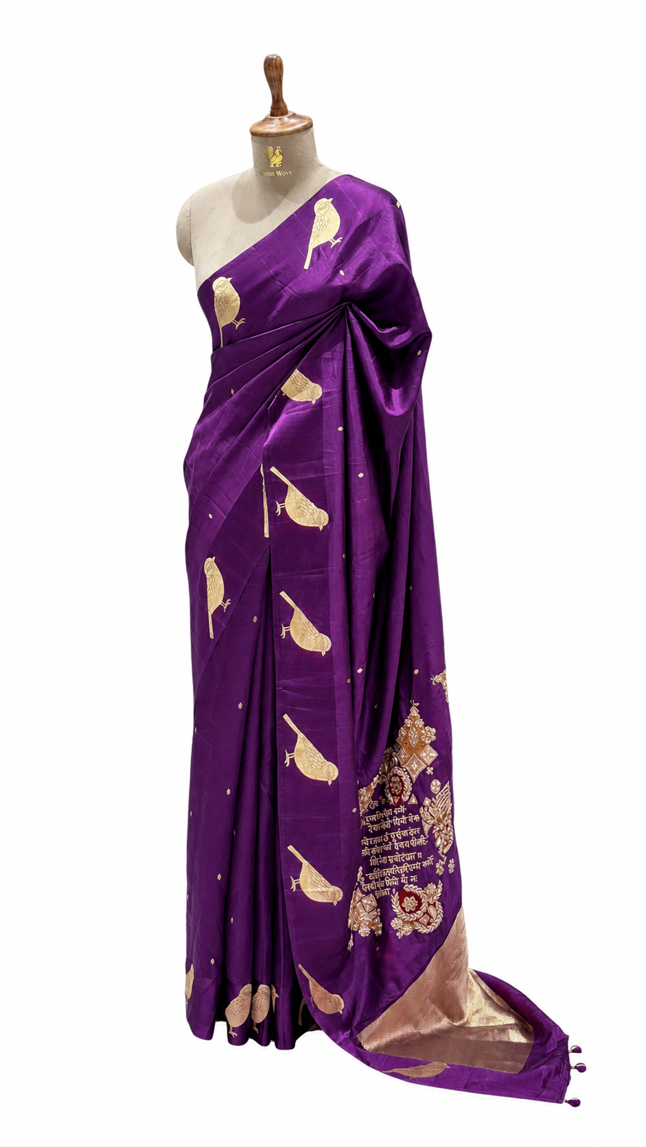 Gayatri Mantra Embellished Handwoven Purple Banarasi Soft Silk Saree With Bird Motifs