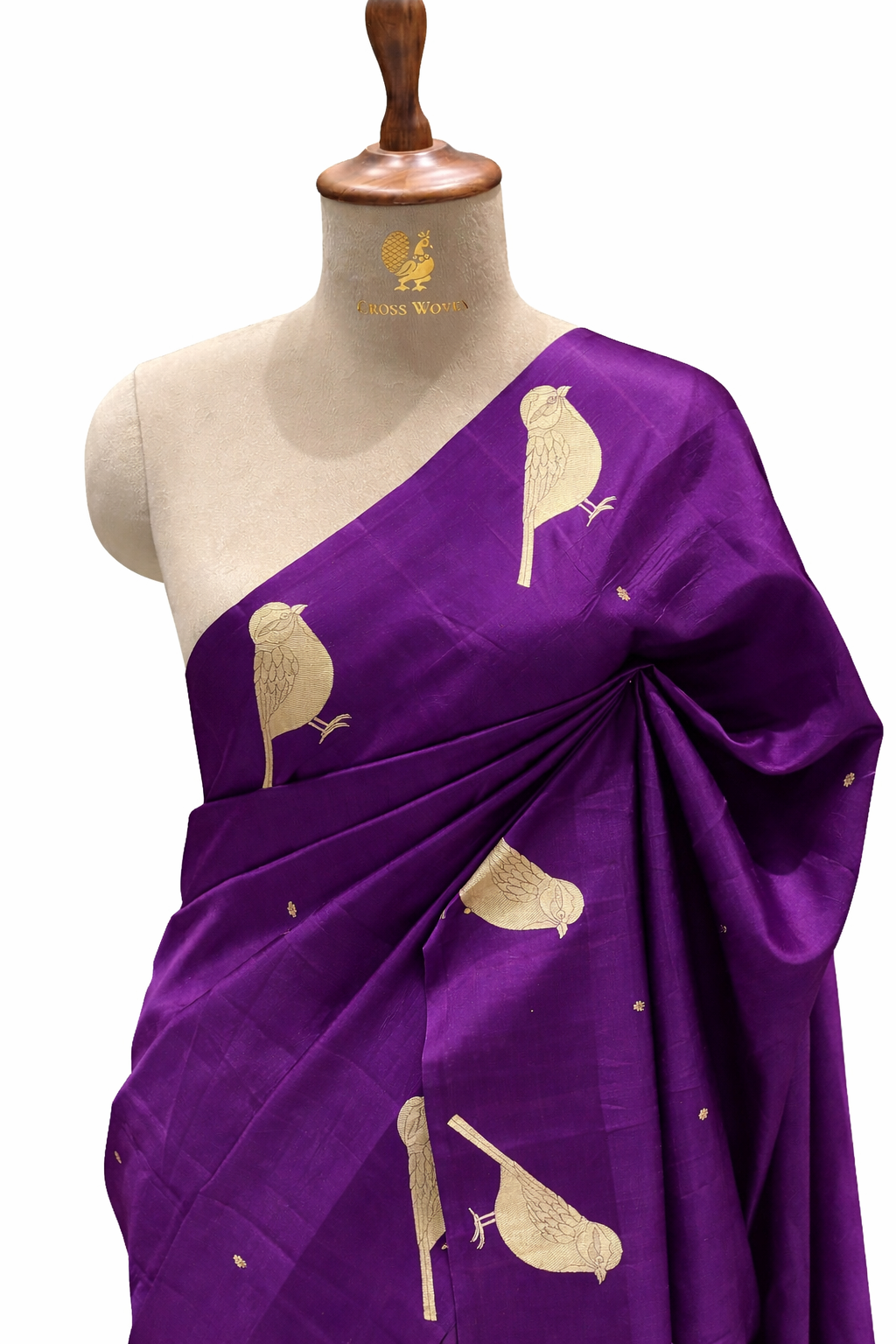 Gayatri Mantra Embellished Handwoven Purple Banarasi Soft Silk Saree With Bird Motifs