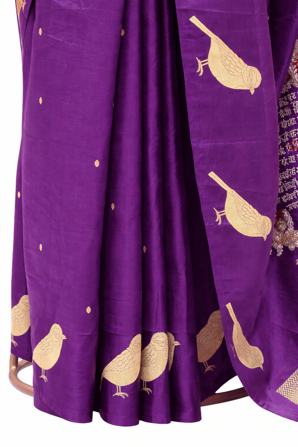 Gayatri Mantra Embellished Handwoven Purple Banarasi Soft Silk Saree With Bird Motifs