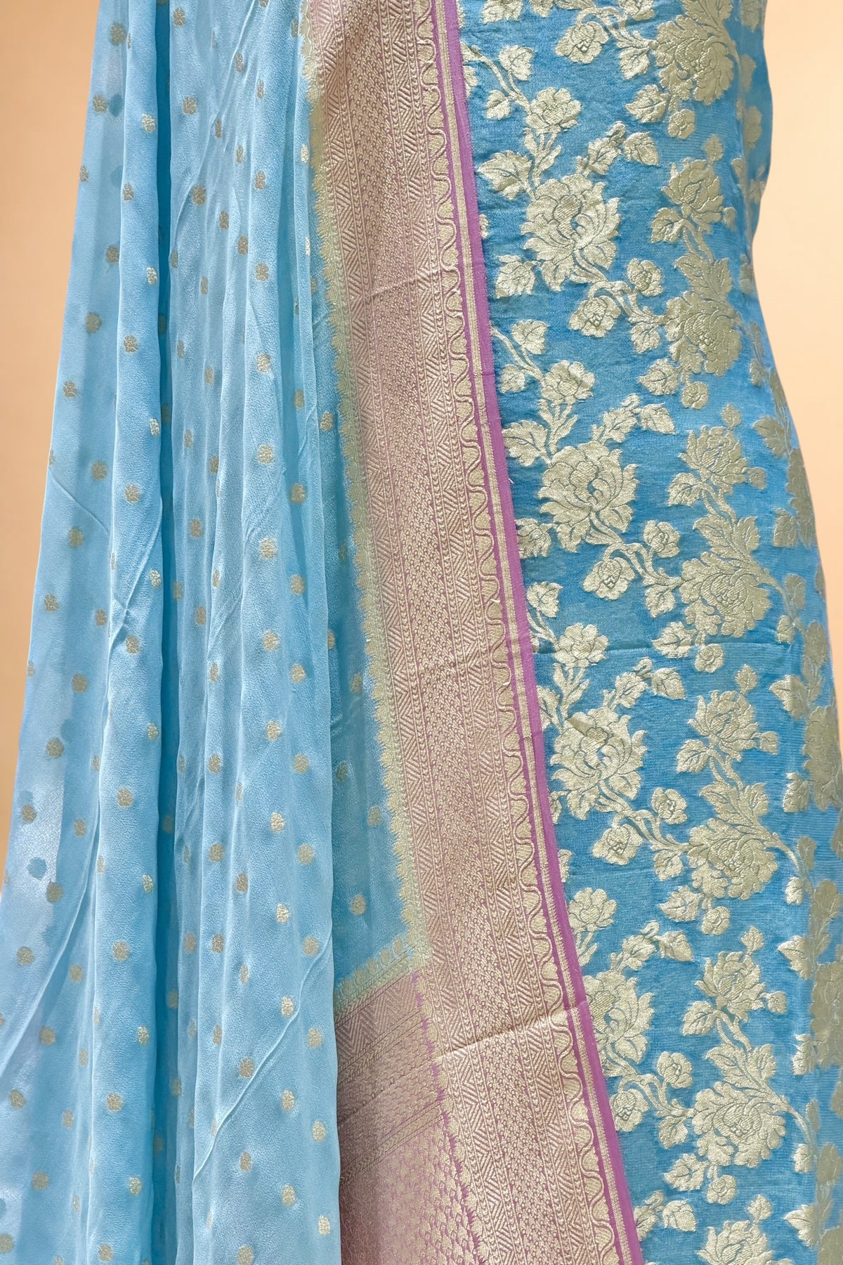 Sky Blue Pure Georgette Suit Set with Contrast Border Dupatta