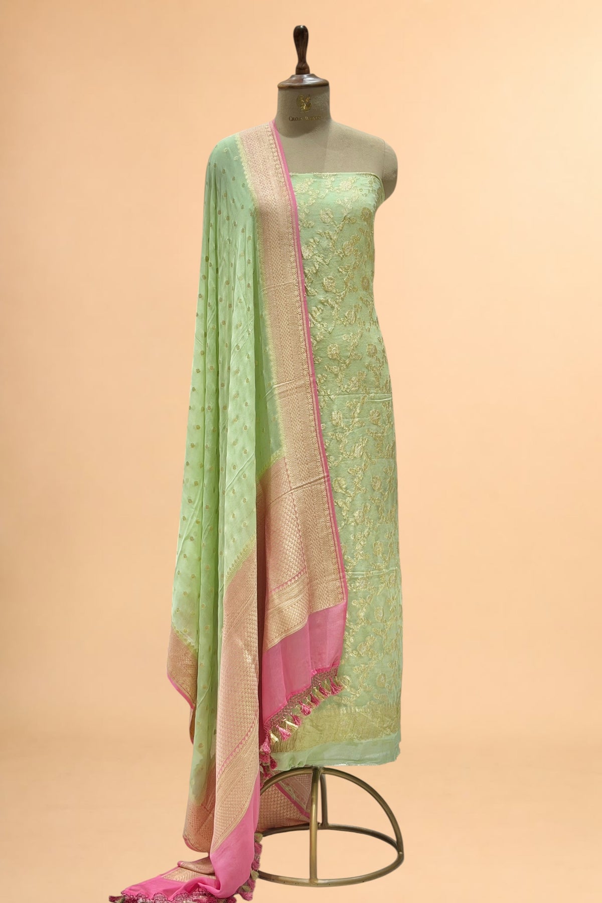 Pastel Green Pure Georgette Suit Set with Contrast Border Dupatta