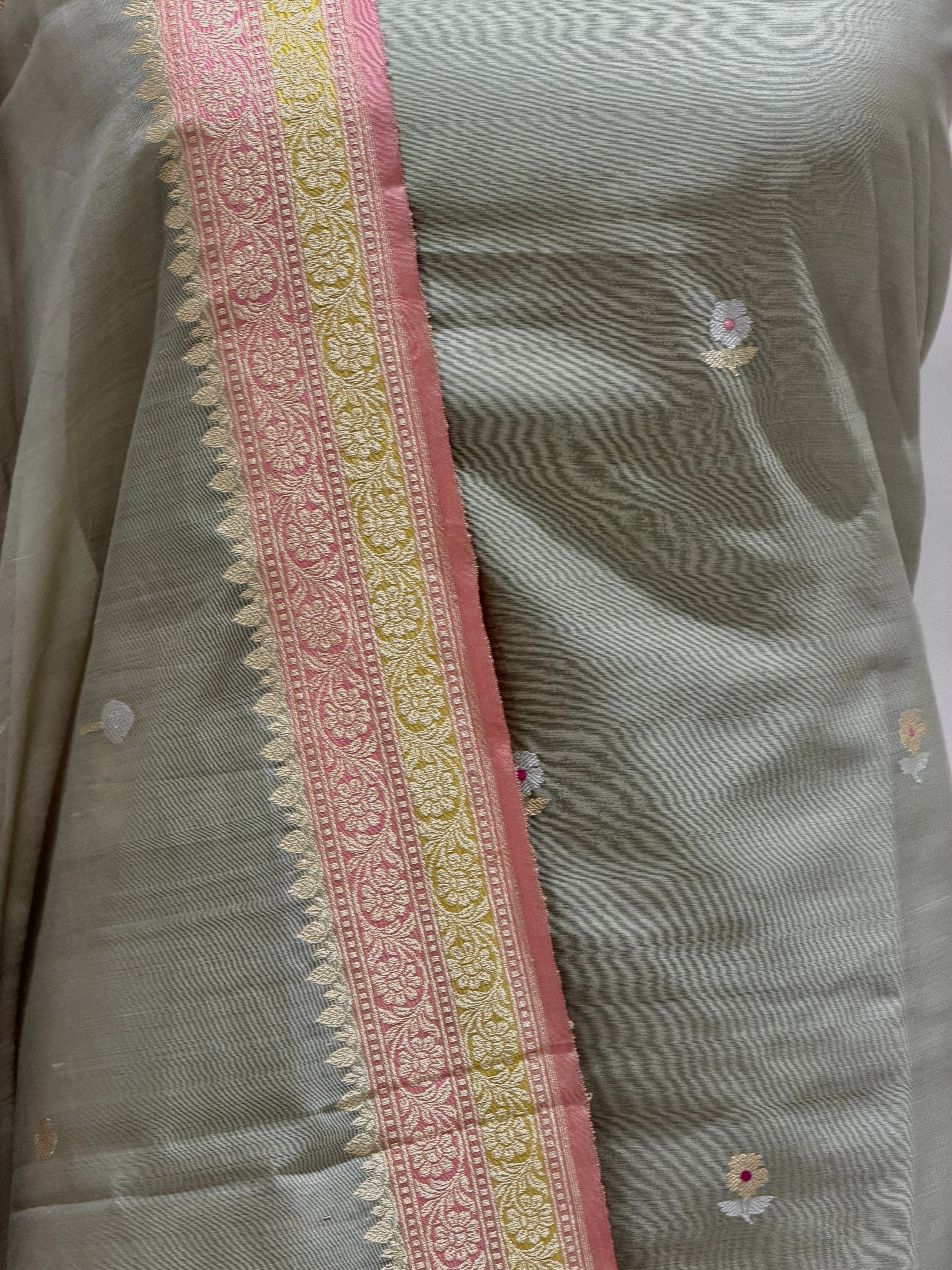 Gray Premium Cotton Banarasi Silk Suit With Meenakari Floral Motif