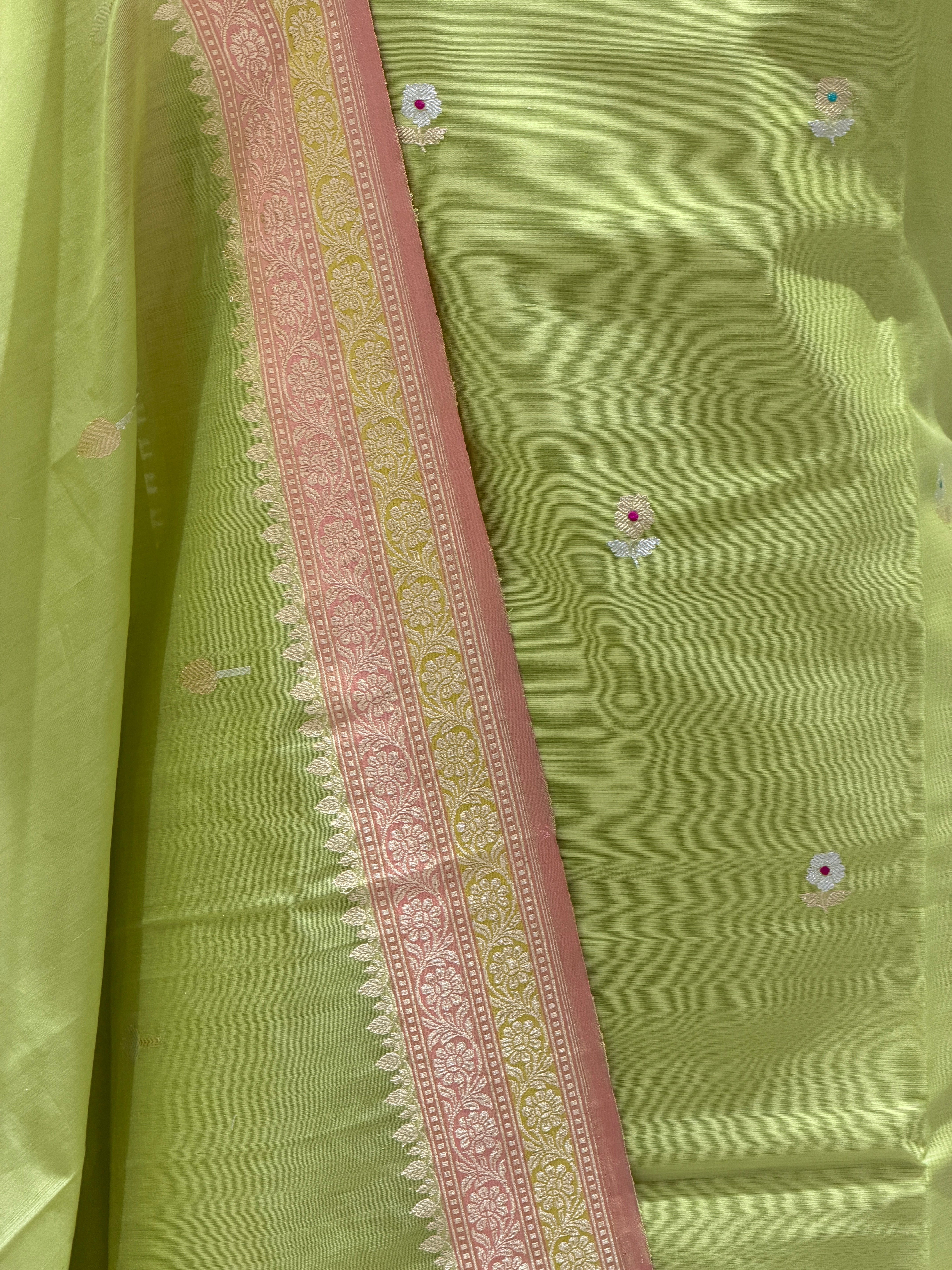 Sage Green Premium Cotton Banarasi Suit With Meenakari Floral Motif