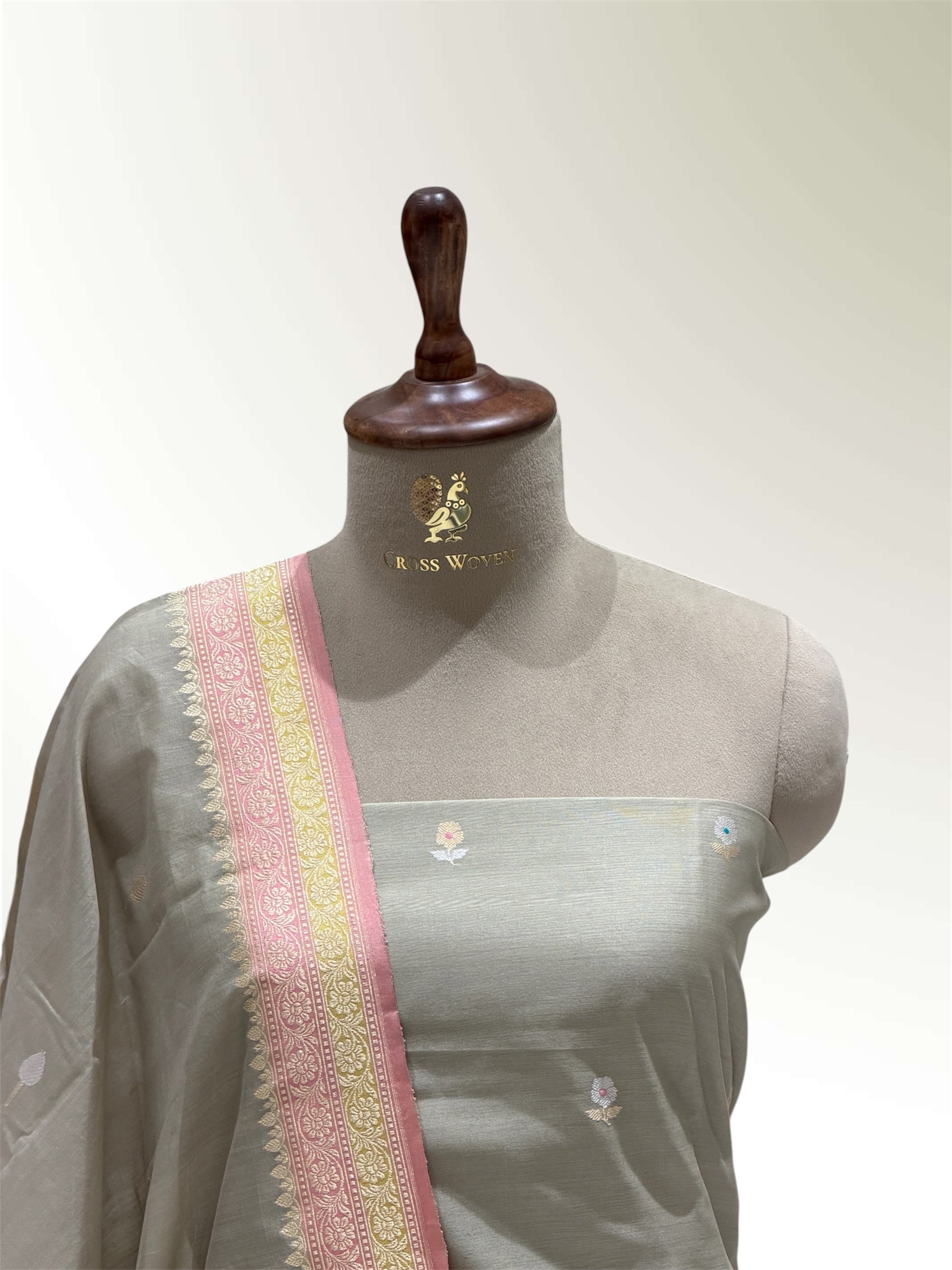 Gray Premium Cotton Banarasi Suit With Meenakari Floral Motif