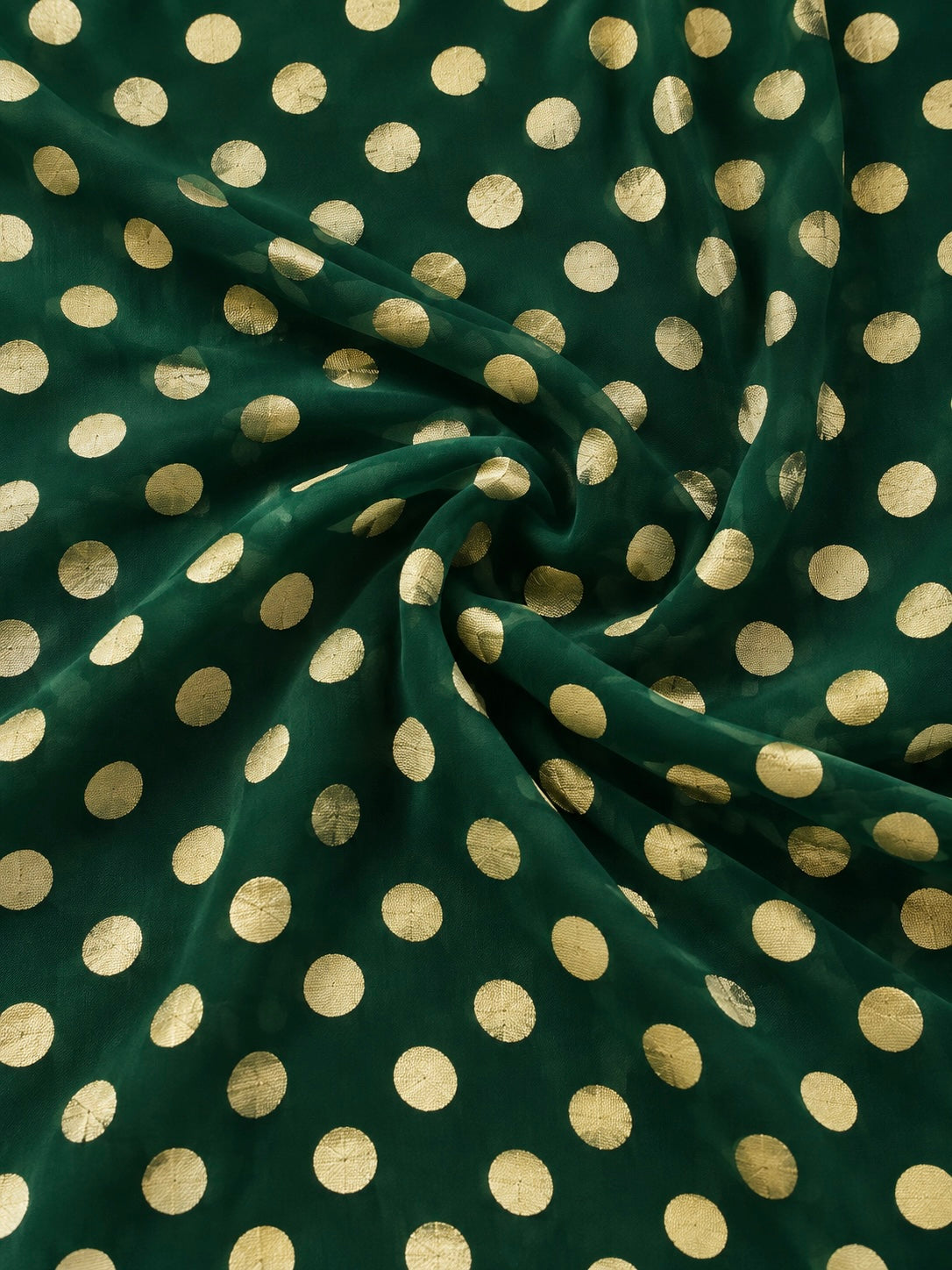 Bottle Green Pure Georgette Fabric with Polka Dots