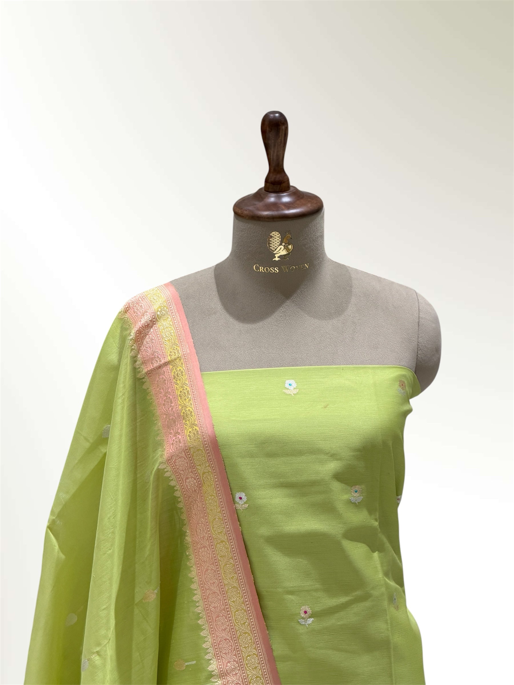 Sage Green Premium Cotton Banarasi Silk Suit With Meenakari Floral Motif