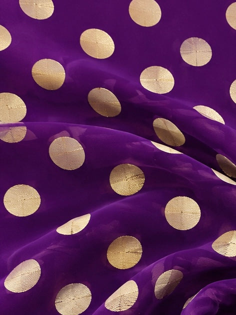 Royal Purple Pure Georgette Fabric with Polka Dots
