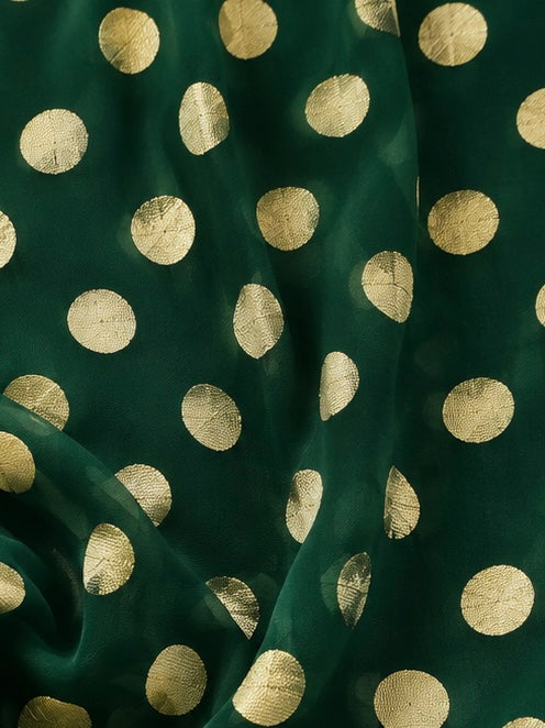 Bottle Green Pure Georgette Fabric with Polka Dots