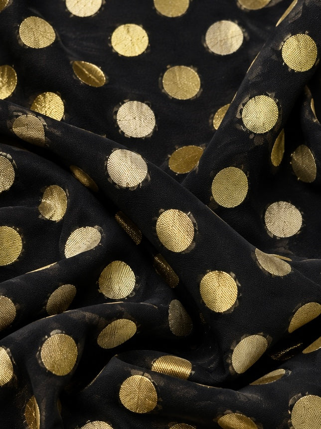 Black Pure Georgette Fabric with Polka Dots