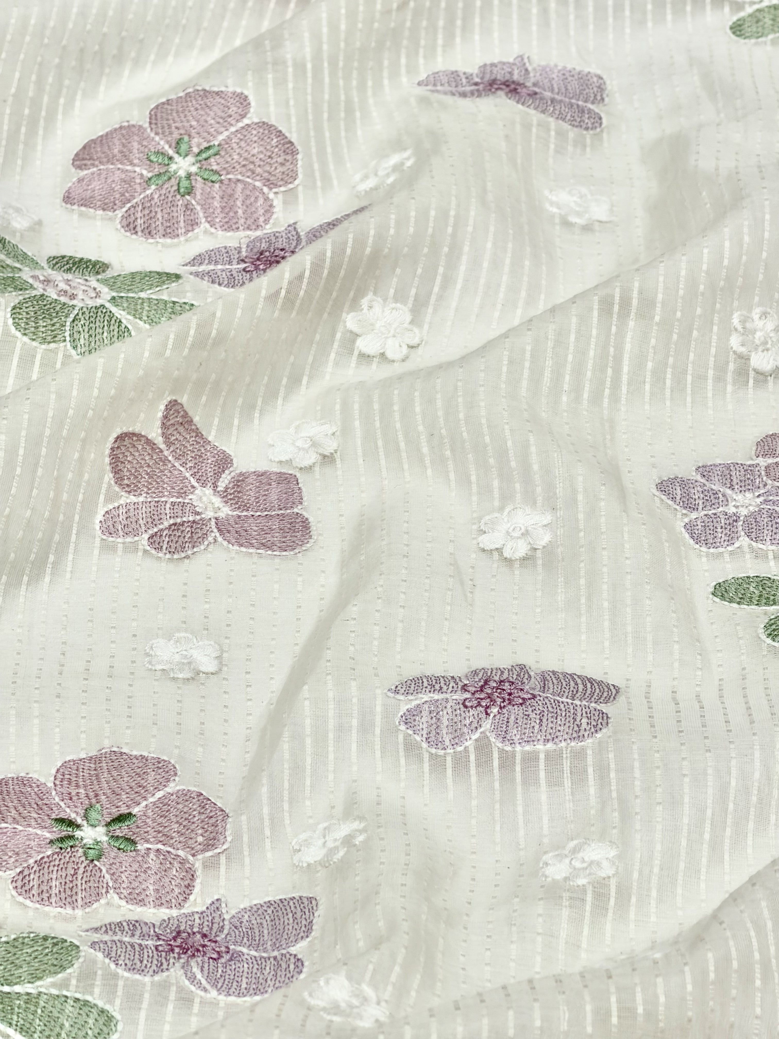 White Mul Fabric with Pastel Floral Embroidery & Woven Self Stripes