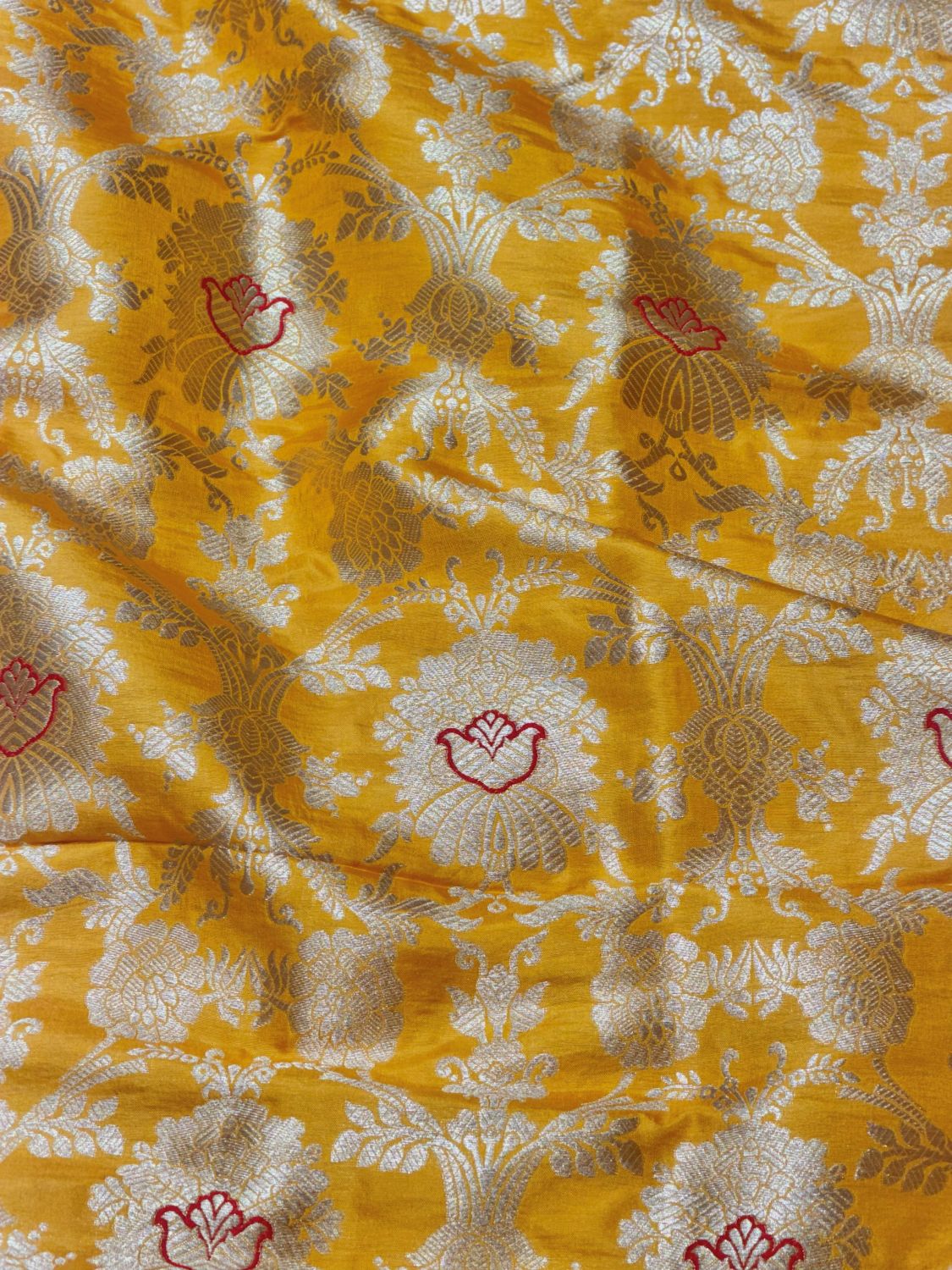 Yellow Banarasi Allover Floral Jaal Pure Katan Silk Fabric