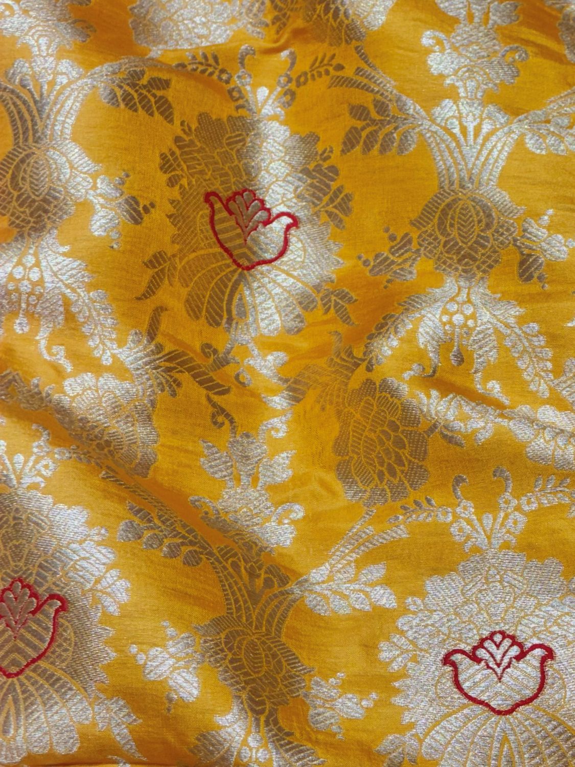 Yellow Banarasi Allover Floral Jaal Pure Katan Silk Fabric