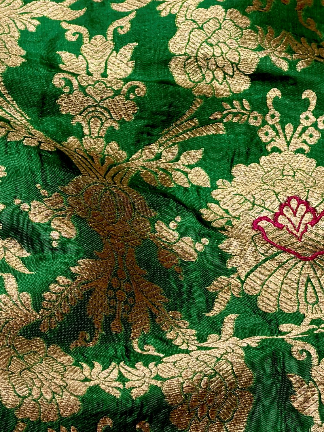 Deep Green Banarasi Allover Floral Jaal Pure Katan Silk Fabric