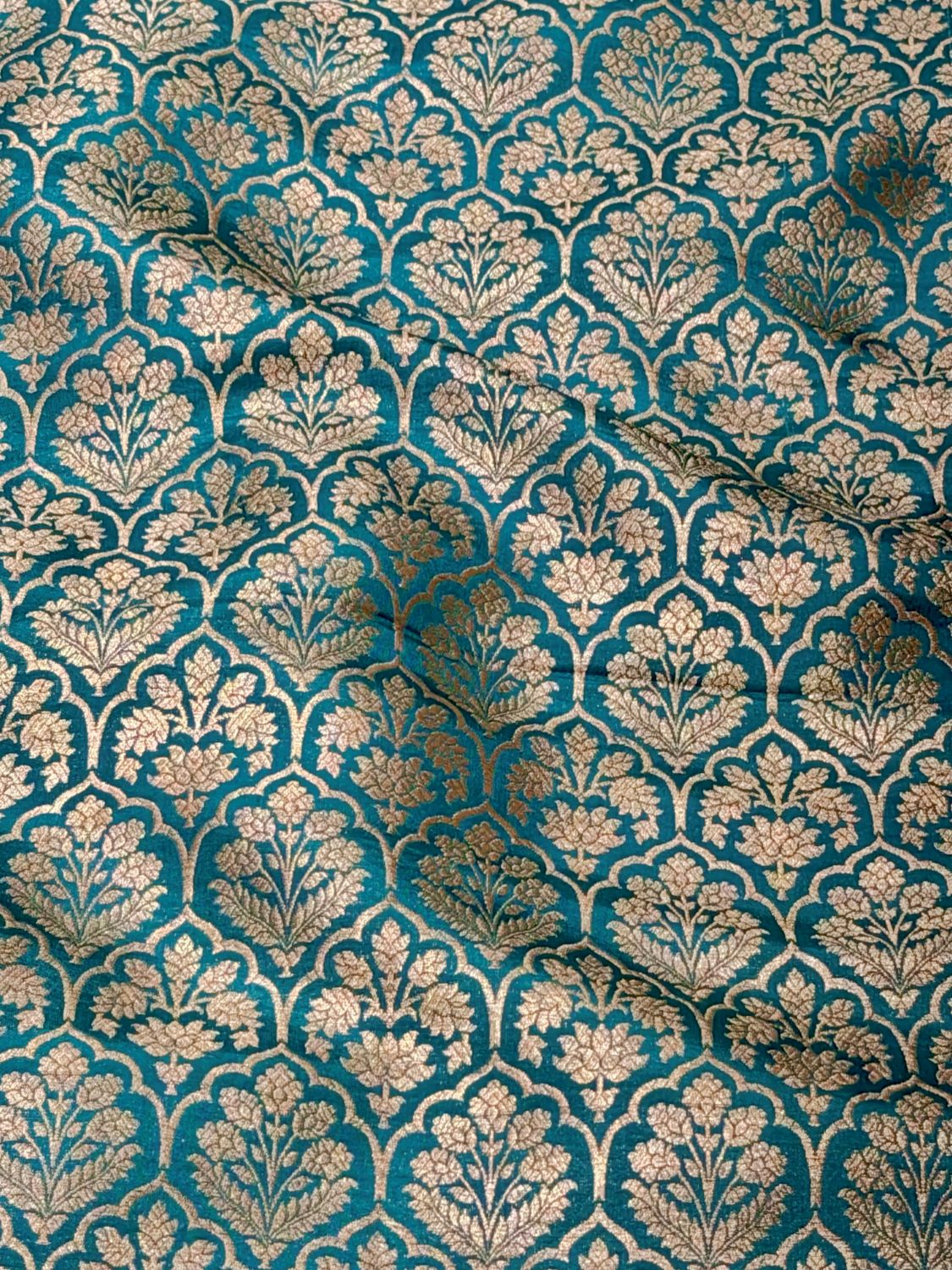 Teal Banarasi Brocade Pure Katan Silk Fabric