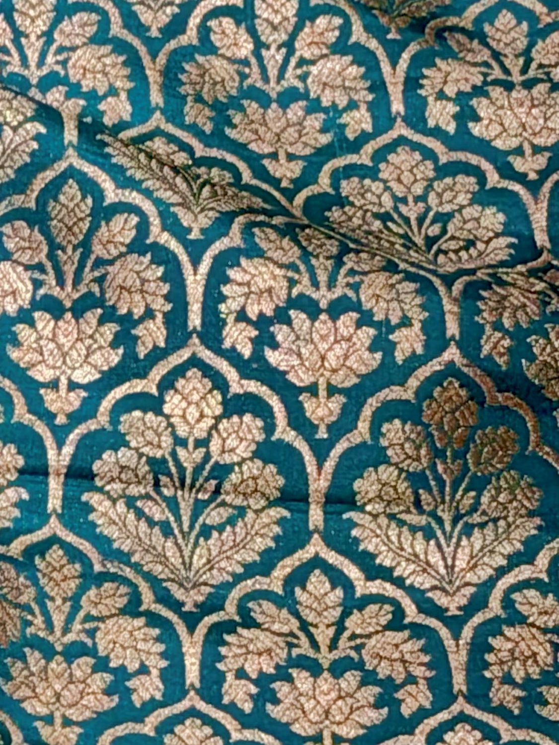 Teal Banarasi Brocade Pure Katan Silk Fabric