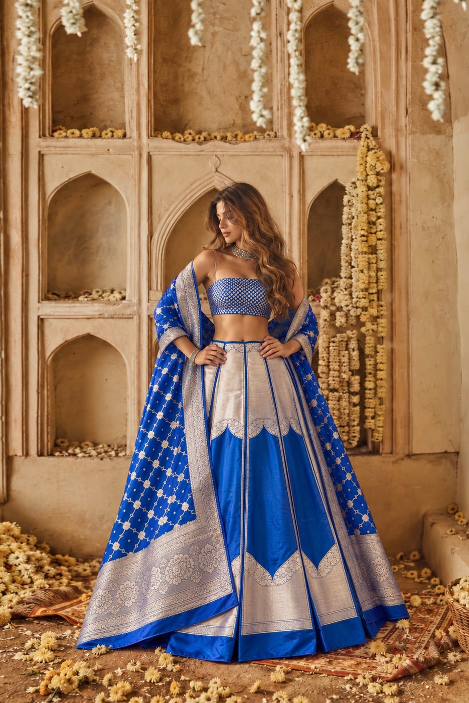 Dual Shade Peacock Blue Banarasi Pure Katan Silk Lehenga