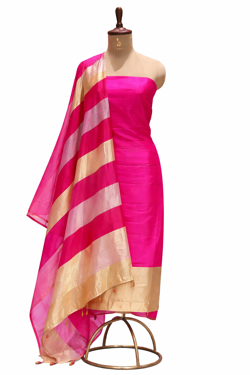 Bright Pink Pure Soft Silk Suit Set With Tissue Panelled Dupatta