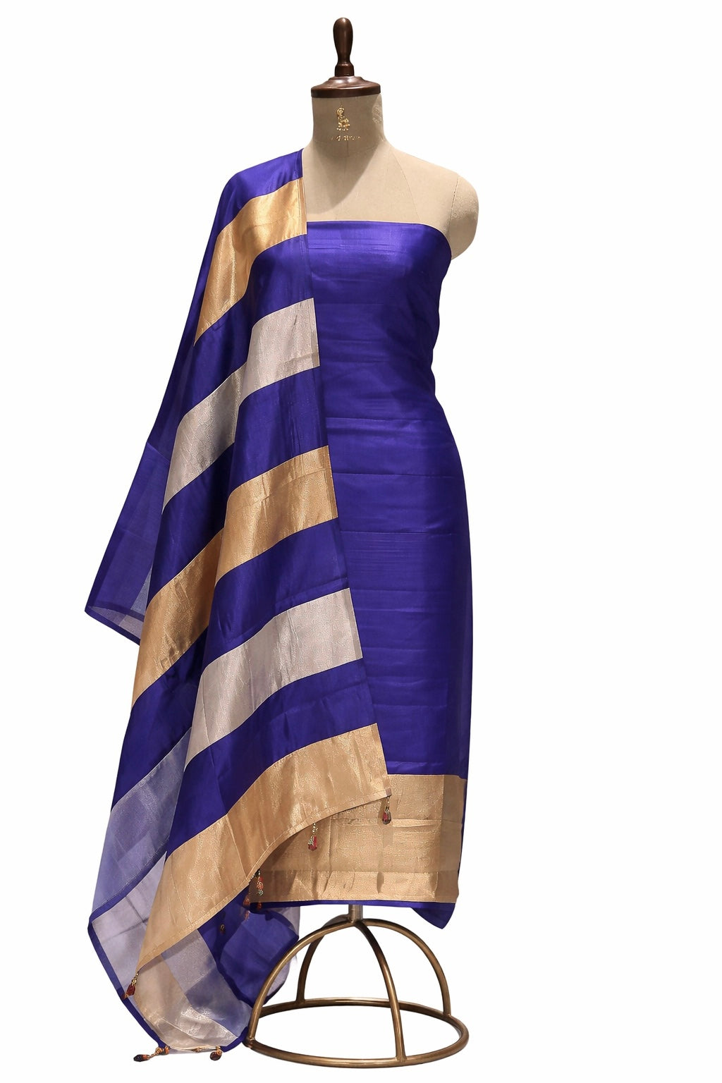 Navy Blue Pure Soft Silk Suit Set With Tissue Panelled Dupatta