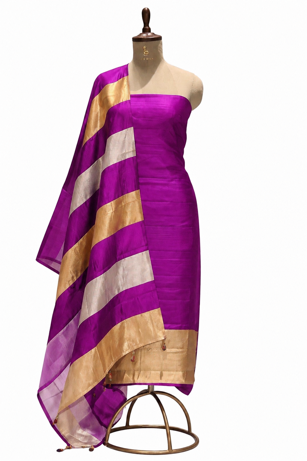 Magenta Purple Pure Soft Silk Suit Set With Tissue Panelled Dupatta