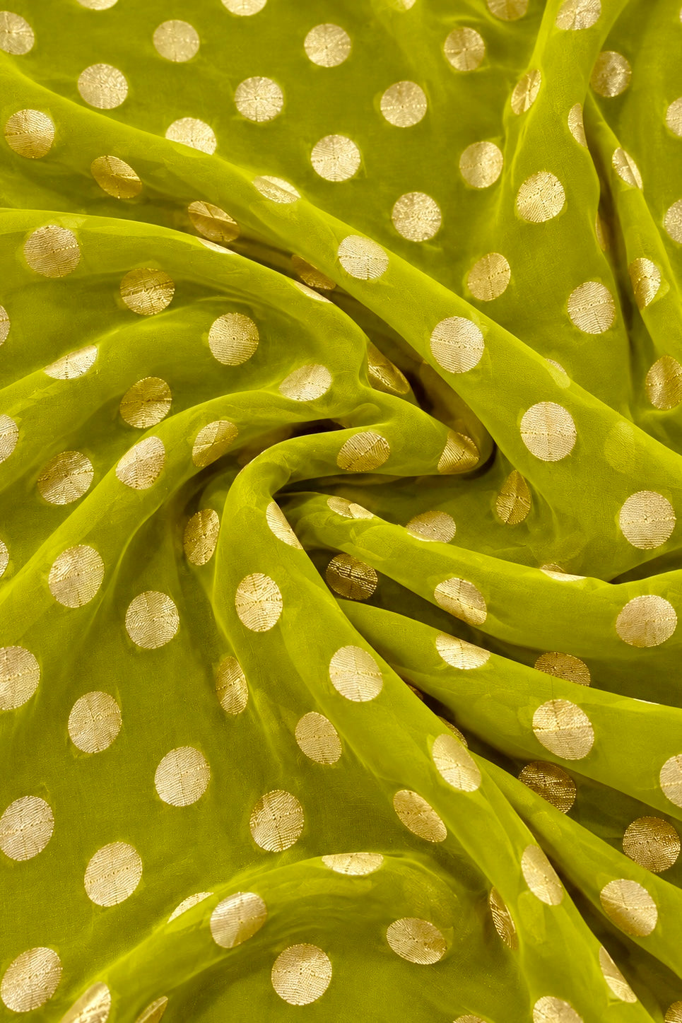 Lime Green Pure Georgette Fabric with Polka Dots