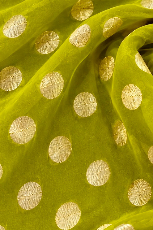 Lime Green Pure Georgette Fabric with Polka Dots