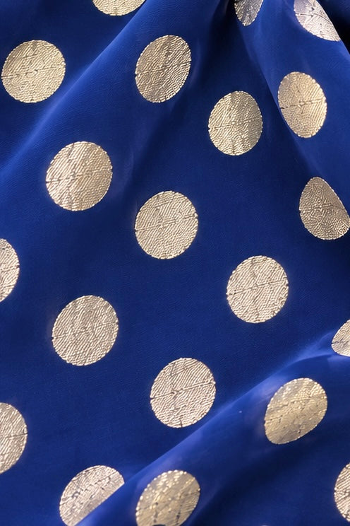 Blue Pure Georgette Fabric with Polka Dots
