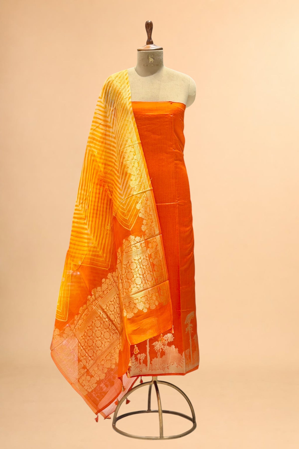 Orange Pure Soft Silk Suit Set With Organza Arashi Dye Dupatta