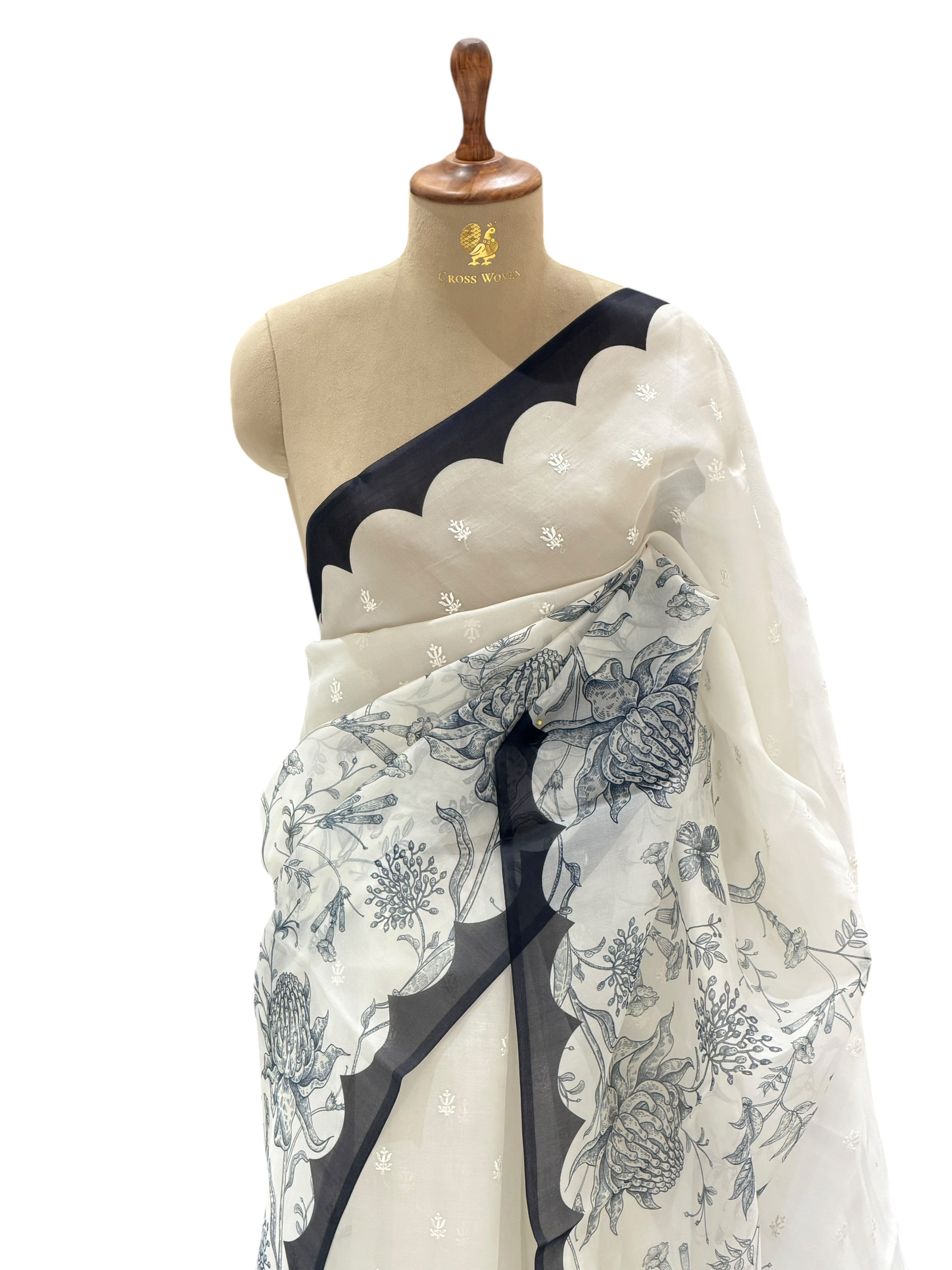 Ivory Organza Printed Saree With Scalloped Border