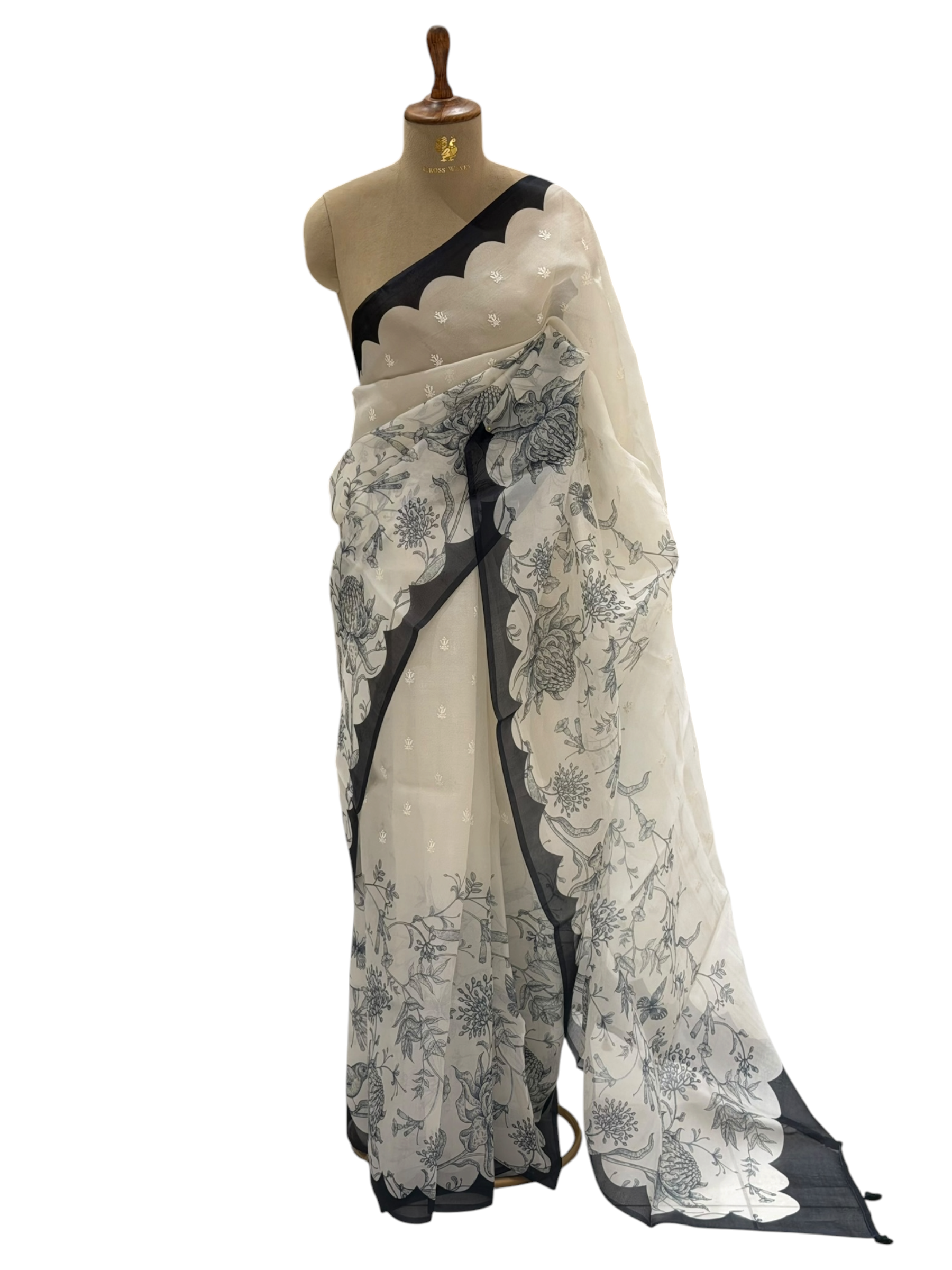 Ivory Organza Printed Saree With Scalloped Border